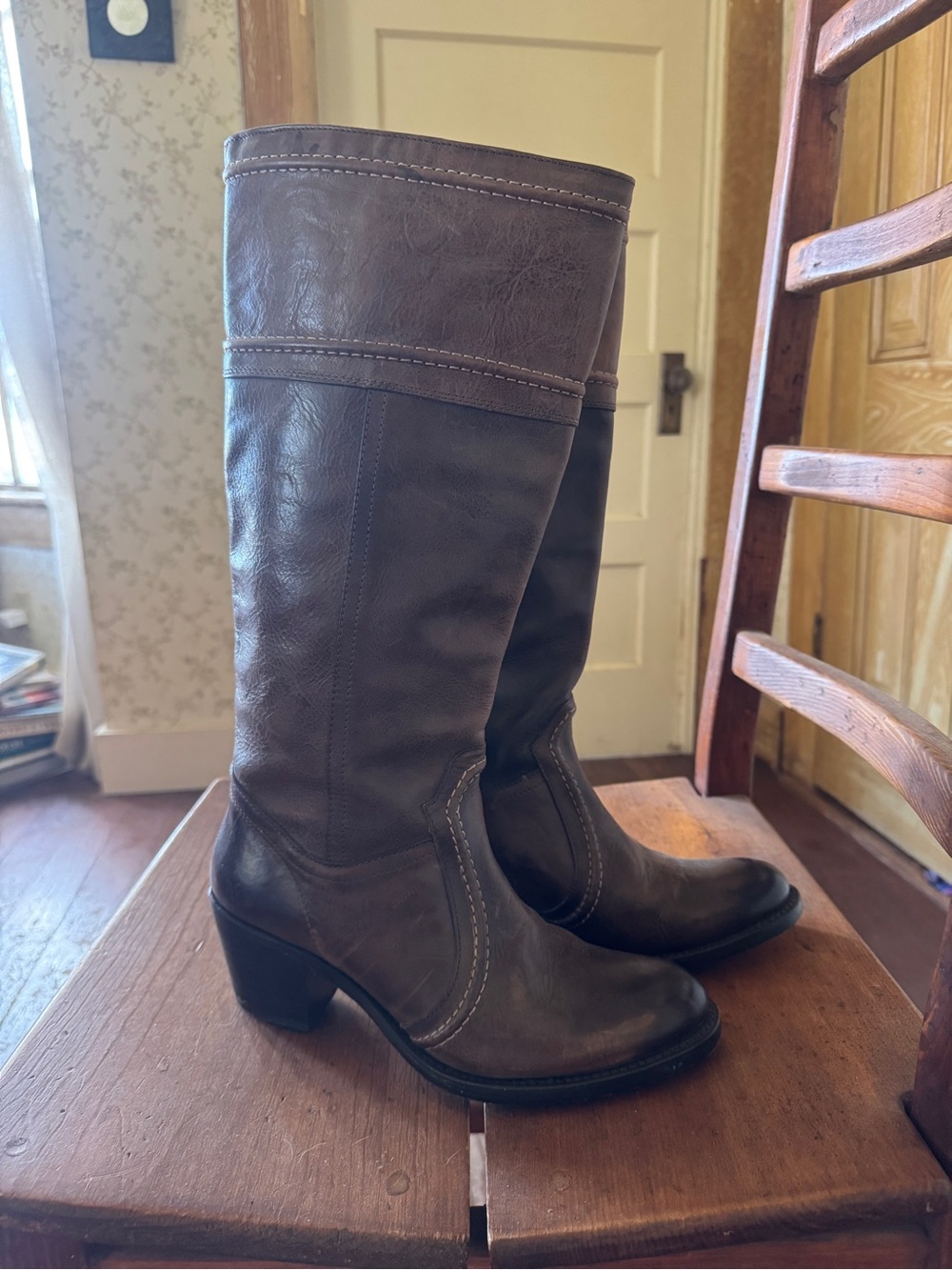 Frye Jane Brown Leather Extended Calf Heeled Boots